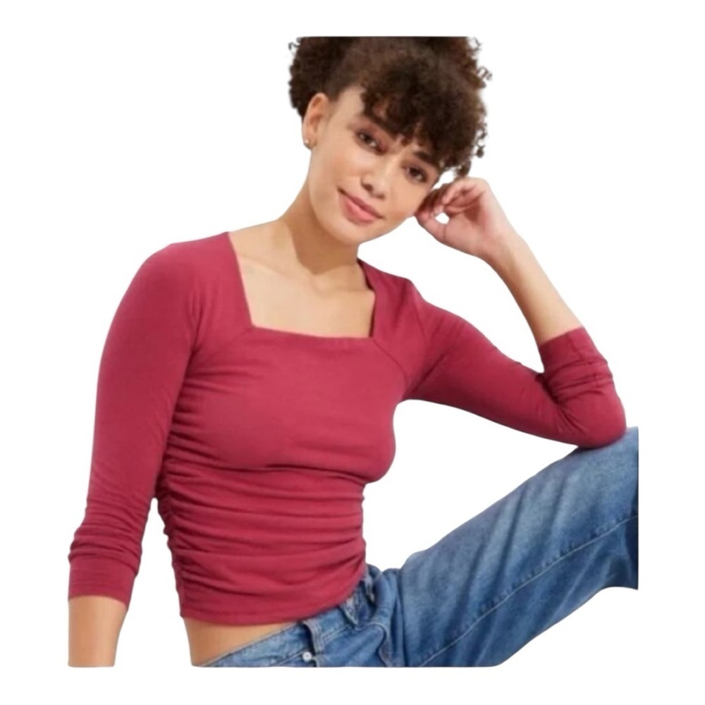 NWT Wild Fable Rose Red Long Sleeve Ruched Square Neck Top XXS